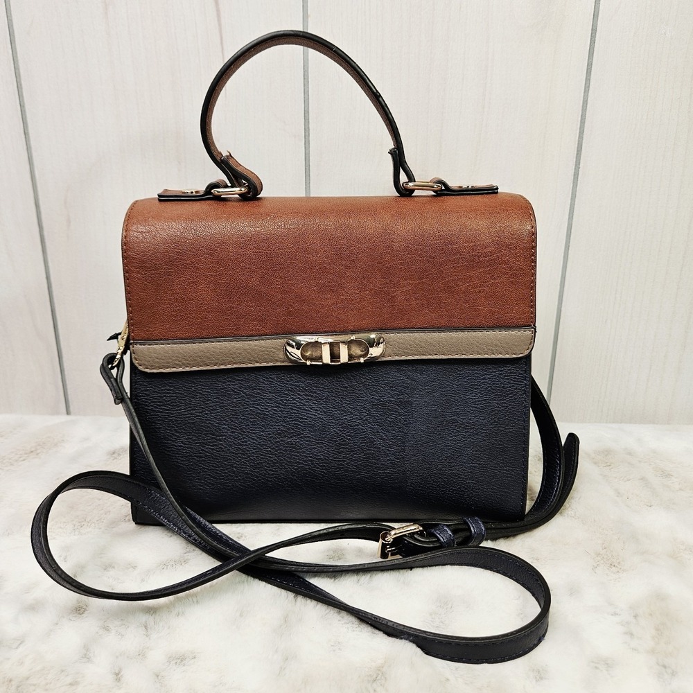 Dune London Navy Tan Tri-Tone Crossbody Satchel Bag Medium Dark Academia Classic